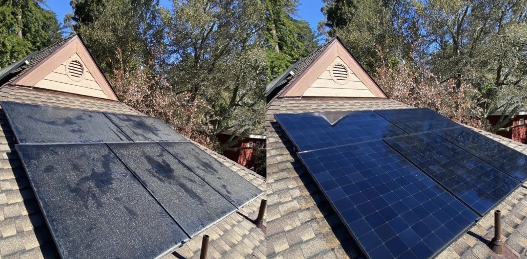 Solar panels before and after cleaning: dusty and streaked on the left, deep blue and clear on the right