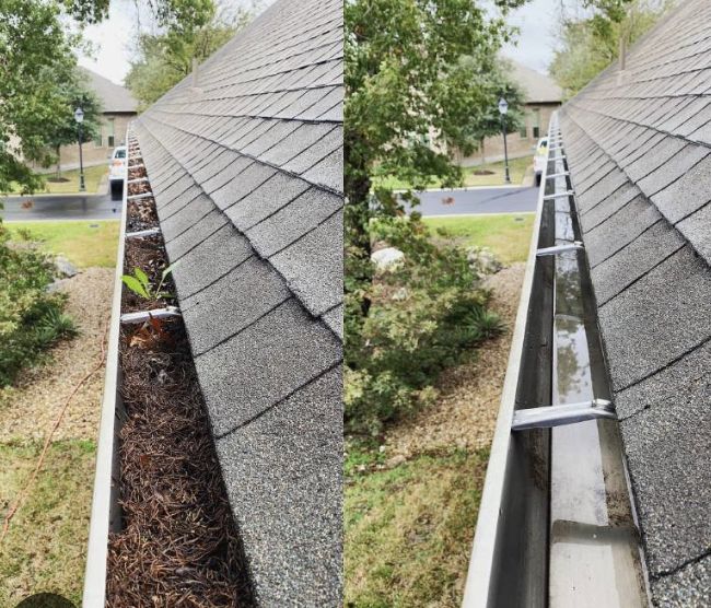 Gutter before and after: packed with pine needles on the left, cleared and flushed on the right